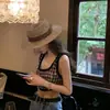 Sombrero de Paja de Ala Plana Estilo Francés para Mujer, Primavera y Verano, con Cintas, Sombrero de Paja Tejida de Moda Versátil para Vacaciones en la Playa