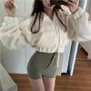 Abrigo Pequeño Color Sólido Reductor de Edad Lana de Cordero Gamuza con Capucha Bolsa de Canguro Cremallera Sudadera Corta para Mujer Otoño e Invierno Adelgazante