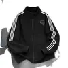 Sudadera cárdigan casual deportiva a rayas para otoño e invierno, unisex, corte holgado, adelgazante, con un pequeño estampado de gato y cuello alto, adecuada para parejas