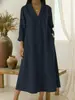 Transfronteiriço 2026 Europeu e Americano Primavera Novo Casual Gola V Algodão e Linho Manga Longa Linha A Vestido Simples Solto Longo