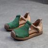 Shanghai Jiejie 2025 Primavera e Verão Novo Estilo Couro Cor-combinando Velcro Nariz de Porco Sandálias Ocas Retro Sapatos Femininos