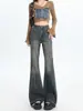 Jeans retro desgastados de micro campana para mujer, nuevo diseño de otoño e invierno, cintura alta, efecto adelgazante, diseño de herradura, pantalón largo de campana