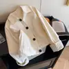 Chaqueta de Trabajo Blanca Patchwork con Cuello de Solapa Estilo Old Money para Mujer, Primavera y Otoño, Chaqueta Corta Casual Holgada con Estilo
