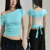 Camiseta corta de manga corta para mujer, estilo coreano y japonés, sencilla, fresca, dulce, moderna, casual, con detalles de cordones, color liso, cuello redondo