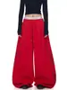 Calça Casual de Cintura Ajustável com Perna Larga Estilo Dança de Jazz Americana para Ano Novo para Mulheres, Calça de Moletom Simples Vermelha com Caimento para Inverno para Homens e Mulheres