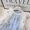Vestido de Férias para Meninas Verão Novo Saia de Renda Fresca para Menininha Vestido de Manga Voadora
