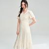 Vestido Elegante Branco Lua de Verão Estilo Francês com Renda Vazada, Decote V e Mangas Bufantes, Vestido Bordado em Tencel 25050