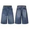 Shorts de Mezclilla Azules Lavados Vintage con Bigotes Estilo High Street Unisex de Gama Alta Me680 para Hombre de Corte Holgado