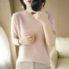 Suéter fino de tricô feminino customizado de fábrica, gola redonda, cor sólida, pulôver, top estiloso de manga curta, suéter de outono para mulheres