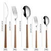 Conjunto de talheres de aço inoxidável Amazon 430 para uso transfronteiriço, 20 peças, faca, garfo e colher, cabo de imitação de madeira, talheres ocidentais, faca de bife, garfo e colher