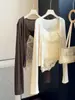 Conjunto de dos piezas para mujer: camisola sexy de encaje transparente estilo francés con lunares y almohadillas en el pecho, y cárdigan de punto, conjunto de tops de otoño