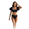 Bikini de dos piezas nuevo 2026 con mangas abullonadas, escote cuadrado y detalle de lazo, un traje de baño de dos piezas para vacaciones y playa