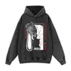 Sudadera con capucha retro desgastada con acabado negro desgastado, corte extragrande, estampado de dibujos animados, jersey casual unisex