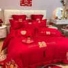 Conjunto de quatro peças para casamento, 100% algodão, vermelho vivo, para camas de noivos, incluindo lençóis e fronhas de edredom, alta qualidade, algodão puro, perfeito para o quarto de recém-casados