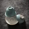Cerámica Esmaltada Celadón de las Dinastías Tang y Song, Juego de Tres Piezas con Tapa, Juego de Té en Color Azul Cielo, Tazón Grande para Té Ceremonial