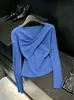 Súper hermoso 2026 Otoño Nuevo Estilo Moda Manga Larga Top Mujer Cuello Cintura Ceñida Adelgazante Textura de Punto Azul Azul Color Sólido
