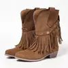 Venta directa de fábrica estilo western para mujer, sin cordones, gamuza, hebilla de remache, retro, cómodos, puntera redonda, tacón grueso, botas de media pantorrilla
