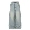 Jeans Vintage Lavado Resistente Estilo Ro da High Street Americana com Design Único de Rebites, Calça Larga Solta para Homens e Mulheres