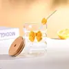 Taza de Agua para Mujeres, Vidrio de Borosilicato Alto, Diseño Transparente de Oruga con Tapa y Popote, Anillo de Leche con Lazo, Taza Portátil para Beber