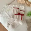 Calcetines para Mujer en Otoño e Invierno Calientes Rojos de Lana Calcetines de Mujer Calcetines de Media Caña con Lazo Lindos de Dibujos Animados Calcetines de Año Nuevo Medias