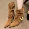 Botas de tacón alto de verano estilo retro con punta para chicas atrevidas, que alargan las piernas, estilo callejero, con pliegues apilados para un efecto adelgazante, nuevo estilo western 2026