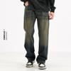 Ceecuz Vintage Amarelo Mud Dye Straight Jeans Masculino Vintage Lavado Solto Perna Larga Casual Calças Compridas