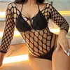 Conjunto Sexy de Renda Europeu e Americano Transfronteiriço, Conjunto Apaixonante, Renda Transparente e Sedutora de Manga Longa, Macacão de Renda Transparente Fácil de Rasgar