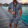 Traje de Pantalón Corto Casual con Solapa de Camisa Polo y Cremallera Estampado Digital 3D para Hombre Transfronterizo