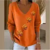 2025 Exportação Estação Independente Transfronteiriça Novo Estilo Ombro a Ombro Decote V Manga Longa Regular Suéter Estampado Digital Top Camiseta Feminino