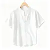 Camisa de Lino de Manga Corta para Hombre Nueva de Verano 2026, Holgada Casual con Cuello Mao, Top Transpirable de Color Sólido Algodón-Lino