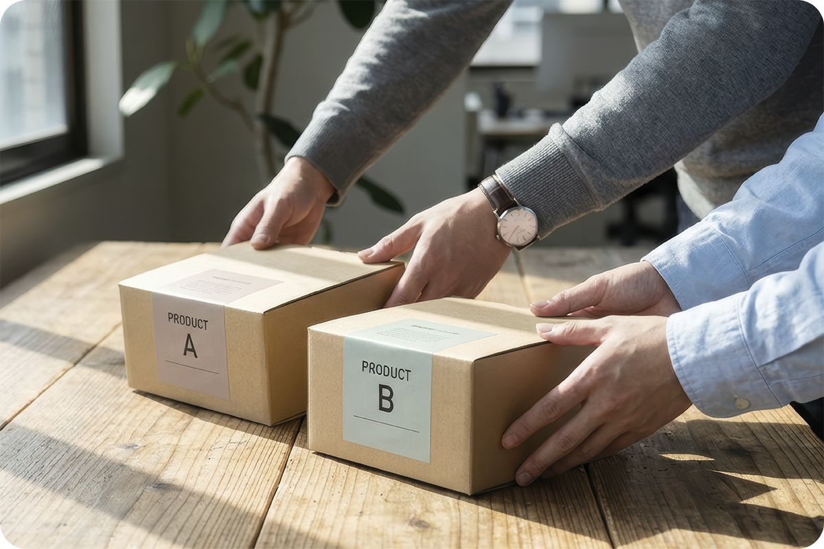 Duas pessoas comparando caixas de produtos com etiquetas "Product A" e "Product B" sobre mesa de madeira — ilustrando a diferenciação entre produto genérico e marca própria no Mercado Livre.