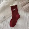 Calcetines Rojos de Buena Suerte Calcetines del Año Zodiacal para Mujer Calcetines de Media Caña Rayados con Lazo Calcetines Rojos Grandes Calcetines de Año Nuevo Calcetines de Algodón Peinado Sin Costuras