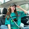 Hermosa Camiseta Holgada de Algodón con Tie-Dye Colorido para Mujer Ins Dibujo Animado Gato Graffiti Largo Medio Reductor de Edad Versátil Top de Manga Corta