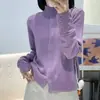 Cardigan de gola alta em lã australiana com punho de crochê vazado, estilo coreano, puro desejo, malha de cor sólida, suéter novo e moderno, macio, para mulheres