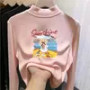 Camiseta de manga larga con forro polar para niña, capa interior de otoño e invierno, top infantil de cuello semi-alto con estampados de dibujos animados