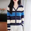 Cárdigan de punto a rayas de color block de alta gama con cuello en V para mujer, de manga larga, de hilo fino, ligero, corte holgado, cálido y cómodo