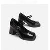 Zapatos de mujer Mary Jane franceses, 2024, nuevos zapatos pequeños de cuero, tacones gruesos, punta cuadrada, tacones altos para mujer.