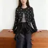 Cardigã de tricô vintage estilo francês, bolinhas cinza escuro, manga longa, para mulheres, novo top jaqueta suéter gola redonda para outono e primavera
