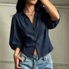Sitio web independiente transfronterizo europeo y americano nuevo estilo holgado cuello en V de un solo pecho multibotón otoño e invierno elegante manga abullonada de tres cuartos top de camisa