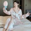 Pijamas femininos primavera e outono gelo seda manga longa rosa leopardo letra v alto sentido seda casa roupas terno atacado
