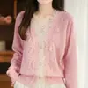 Estilo Chanel Pequeño Otoño Temprano Nuevo Cachemir Patchwork Encaje Tejido de Punto Cuello en V Cárdigan de Lana Superior Manga Larga Tejido de Punto