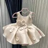 Vestido de Cetim com Flor Tridimensional e Alças para Meninas, Vestido Princesa Bufante para a Primeira Festa de Aniversário e Apresentação de Bebê, Atacado