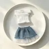 Ropa para Muñecas de 10 cm / 15 cm Suéter de Punto Trenzado Off-Shoulder en Blanco Crema, Conjunto de Falda de Mezclilla para Muñeca Mini