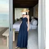 Elegante Vestido Largo Azul Marino Estilo Francés para Sesión de Fotos de Vacaciones en la Playa, Vestido Largo Ceñido a la Cintura para Sesiones de Fotos
