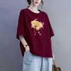Camiseta de Manga Curta Estilo Chinês Novo para Comércio Exterior Transfronteiriço, Blusa Solta Plus Size para Mulheres Curvilíneas, Esconde a Barriga, Efeito Emagrecedor
