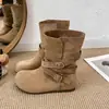Botines de moda 2026 con hebilla interior para aumentar la altura, botines cortos de punta redonda para mujer, estilo retro, nueva colección de otoño western