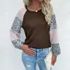 El Top de Punto Más Vendido de Amazon Otoño 2024 Transfronterizo para Mujer con Cuello Redondo Waffle y Parte Inferior Estampada de Leopardo