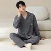 Pijama jacquard de malha de algodão com mangas compridas e calças compridas para homens, conjunto de duas peças para outono, roupa de casa masculina para transmissão ao vivo e comércio exterior