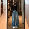 Foto Real de Jeans Largos Azuis Pintados Estilo Retro Americano 2026 para Mulheres, Calças Retas Emagrecedoras de Comprimento Total