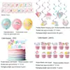 Kit Festa Unicórnio Arco-Íris Aniversário Infantil Pratos de Papel Descartáveis Copos de Papel Toalha Balões Toppers de Bolo Decorações